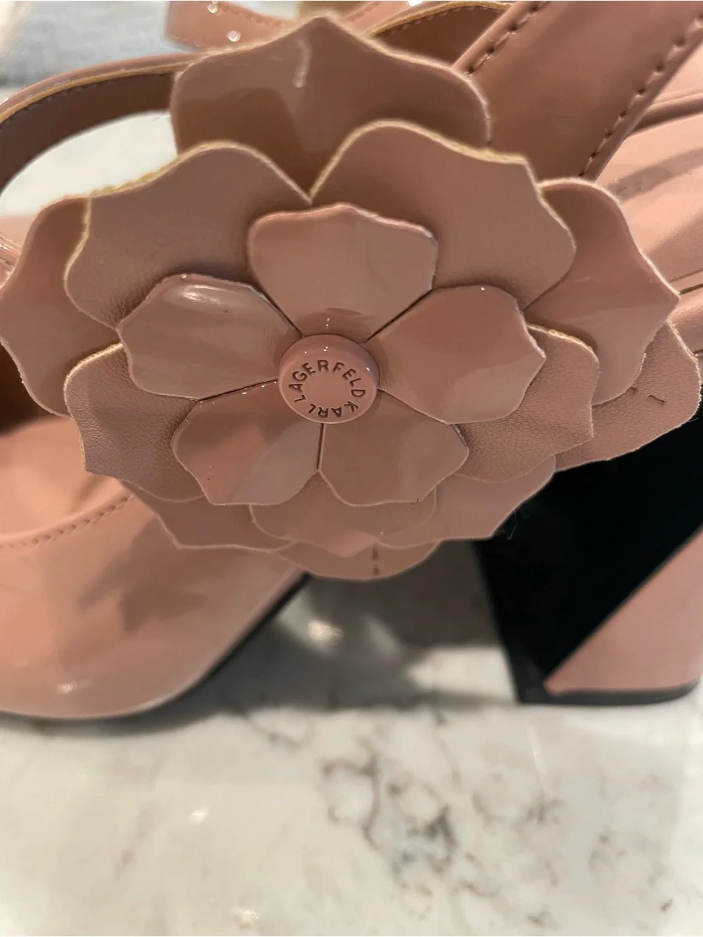 Karl Lagerfeld Blush Patent Mary Jane Slingback with Floral Accent